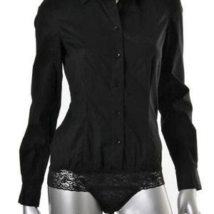 Button Down Black Body Suit with Shirt Collar